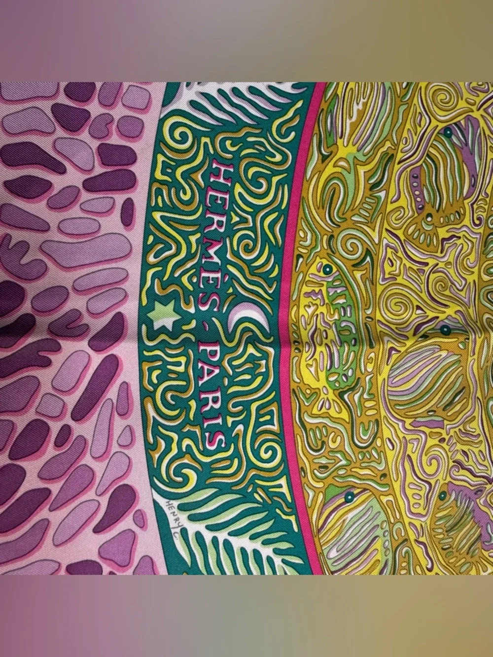 Hermes Silk Scarf Pink Yellow Green Fish La Legende Du Poisson Corail Coral - Picture 6 of 12